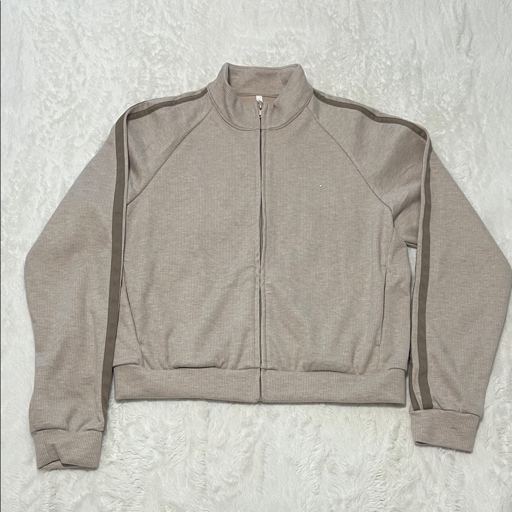 HALARA Taupe Zip-Front Bomber Jacket with Dark Taupe Stripes *FLAWED*